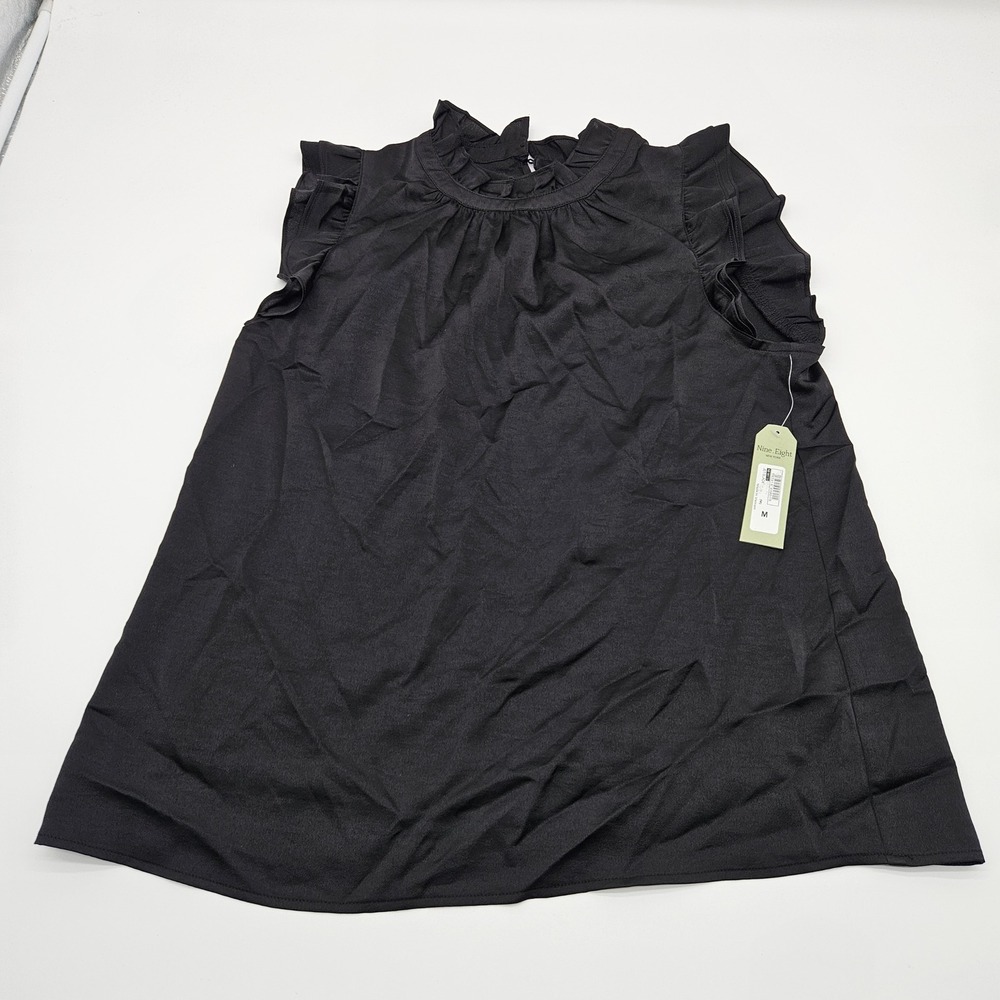 Nine Eight‎ New York Black Ruffle Mock Neck Sleeveless Top Blouse M